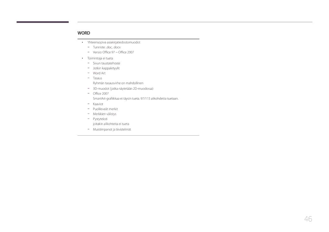 Samsung LH55RHEELGW/XE manual Word, Versio Office 97 ~ Office Toimintoja ei tueta 