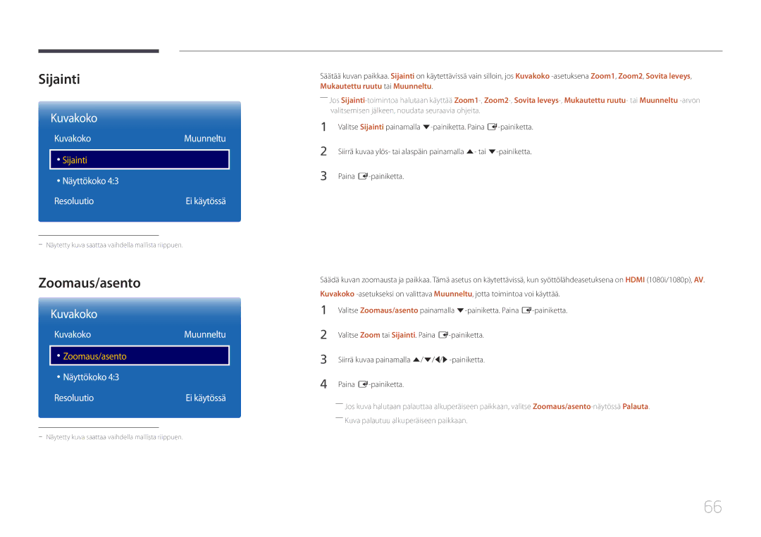 Samsung LH55RHEELGW/XE manual Sijainti, Zoomaus/asento, KuvakokoMuunneltu, Näyttökoko Resoluutio 