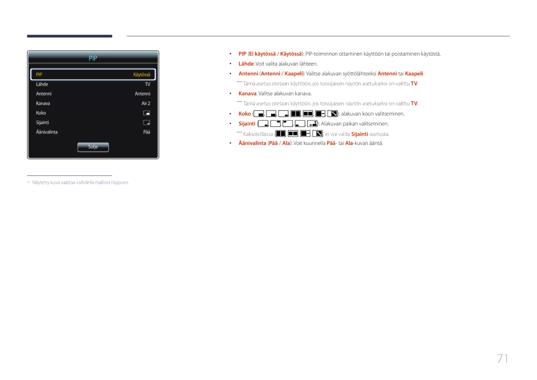 Samsung LH55RHEELGW/XE manual Pip, Kanava Valitse alakuvan kanava 