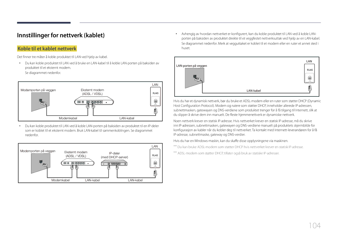 Samsung LH55RHEELGW/XE manual 104, Innstillinger for nettverk kablet, Koble til et kablet nettverk 