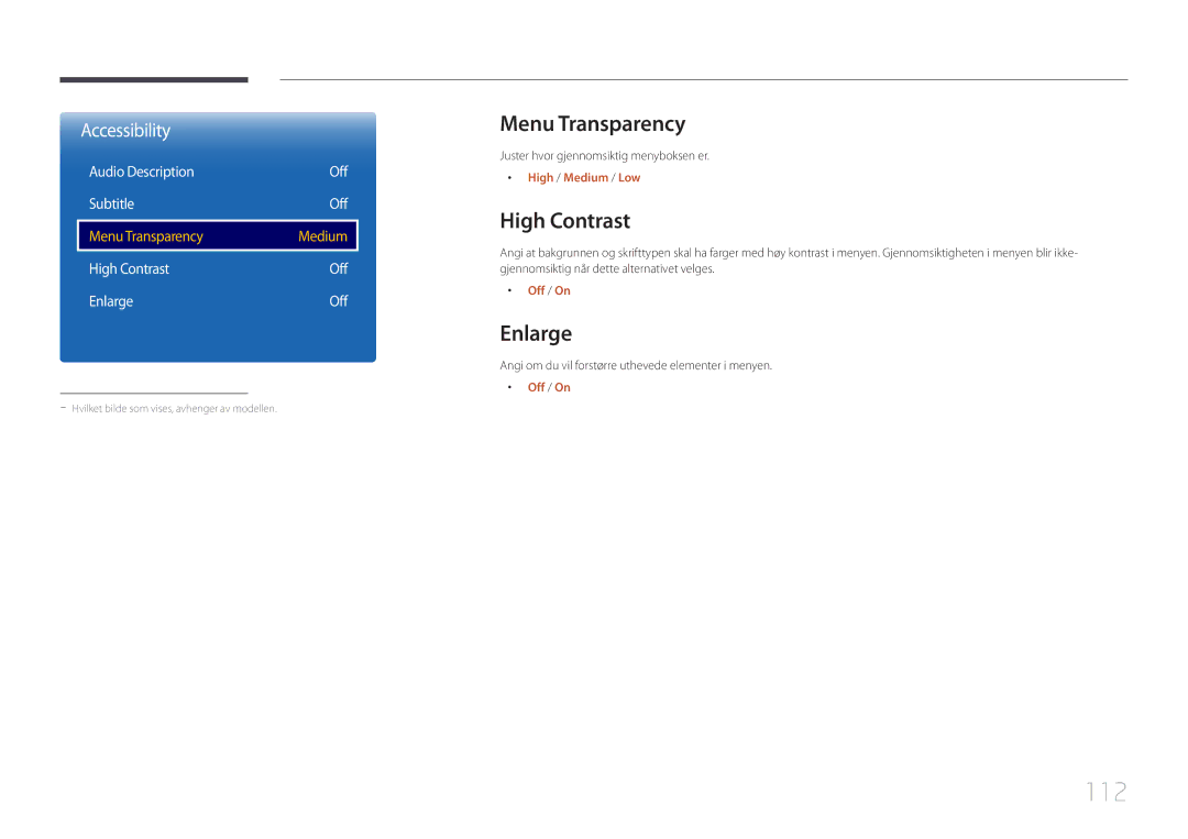 Samsung LH55RHEELGW/XE manual 112, Menu Transparency, High Contrast, Enlarge 