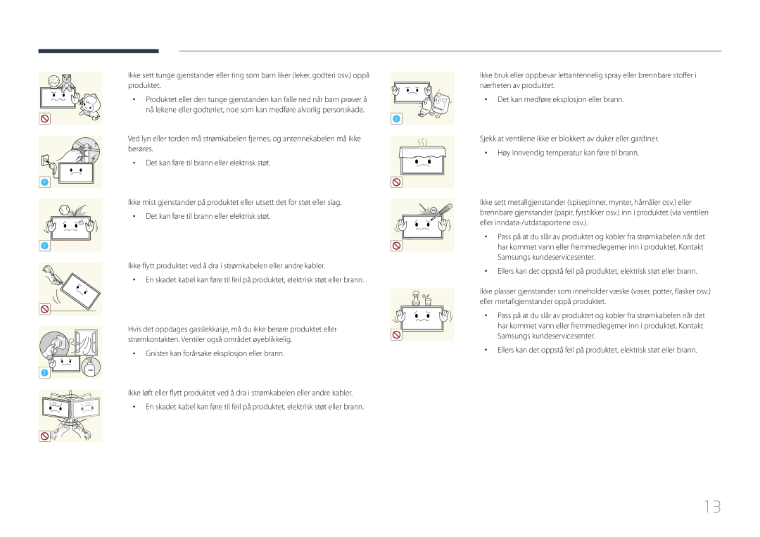 Samsung LH55RHEELGW/XE manual Produktet Nærheten av produktet, Det kan medføre eksplosjon eller brann 