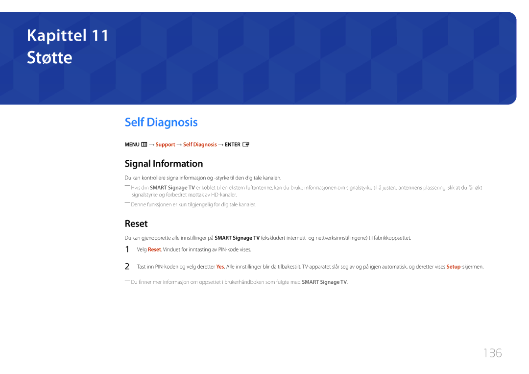 Samsung LH55RHEELGW/XE manual Støtte, Self Diagnosis, 136, Signal Information, Reset 