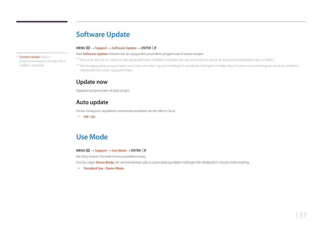 Samsung LH55RHEELGW/XE manual Software Update, Use Mode, 137, Update now, Auto update 