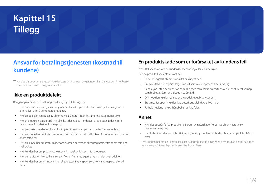 Samsung LH55RHEELGW/XE manual Tillegg, Ansvar for betalingstjenesten kostnad til kundene, 169 