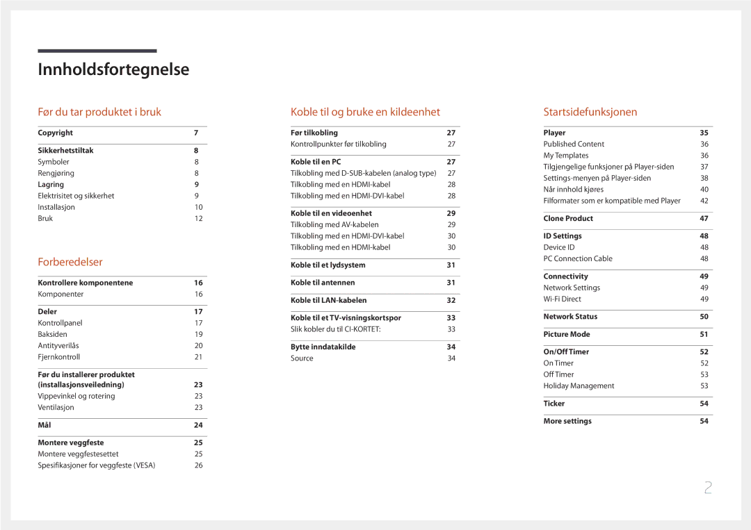 Samsung LH55RHEELGW/XE manual Innholdsfortegnelse 