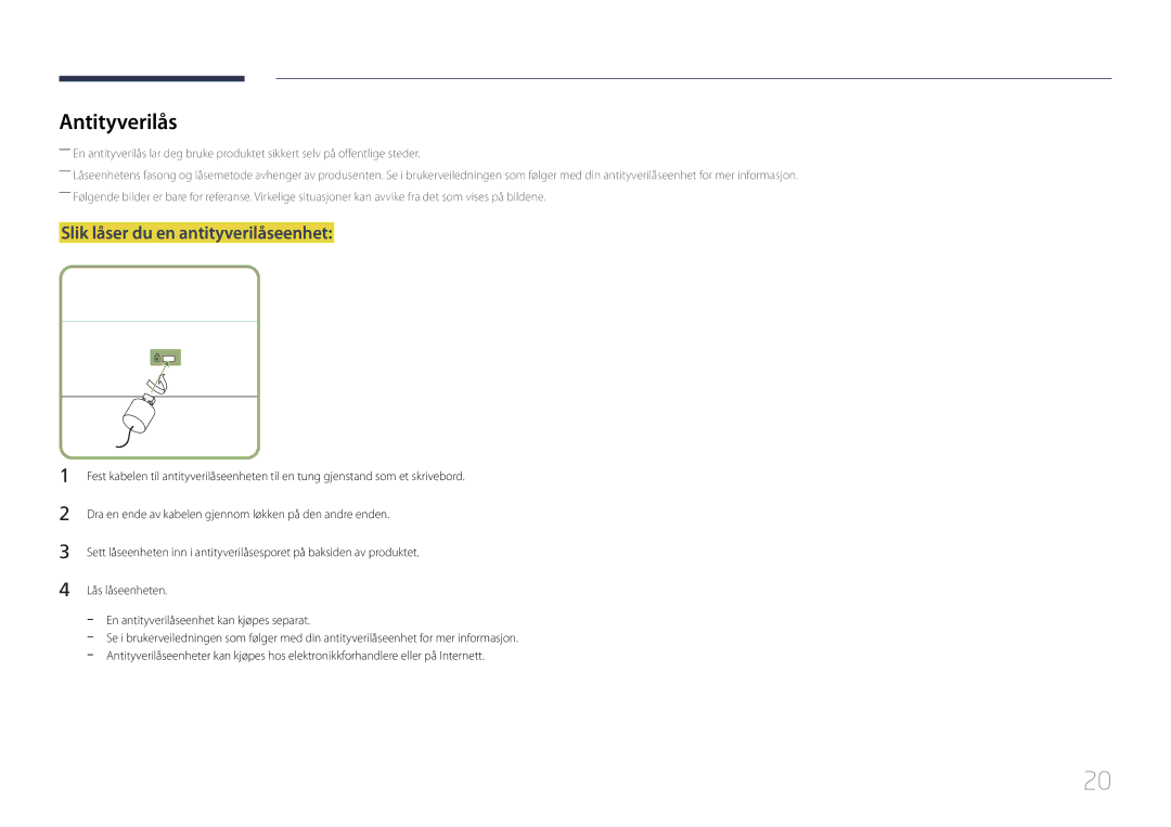 Samsung LH55RHEELGW/XE manual Antityverilås, Slik låser du en antityverilåseenhet 