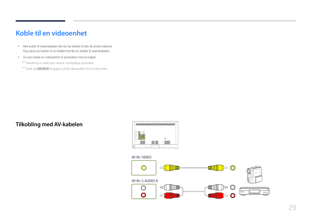 Samsung LH55RHEELGW/XE manual Koble til en videoenhet, Tilkobling med AV-kabelen 