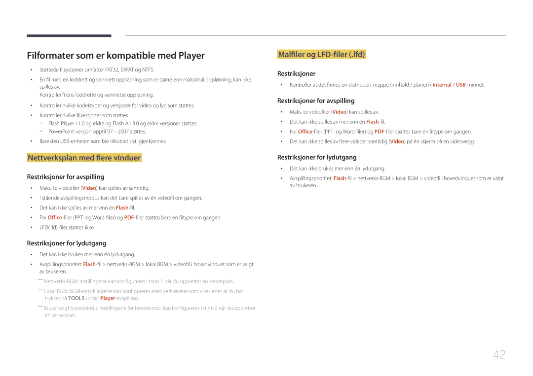 Samsung LH55RHEELGW/XE manual Filformater som er kompatible med Player, Nettverksplan med flere vinduer 