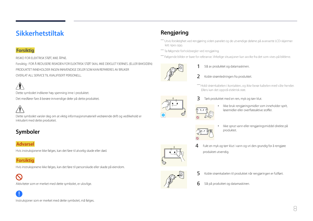 Samsung LH55RHEELGW/XE manual Sikkerhetstiltak, Rengjøring, Symboler, Forsiktig 