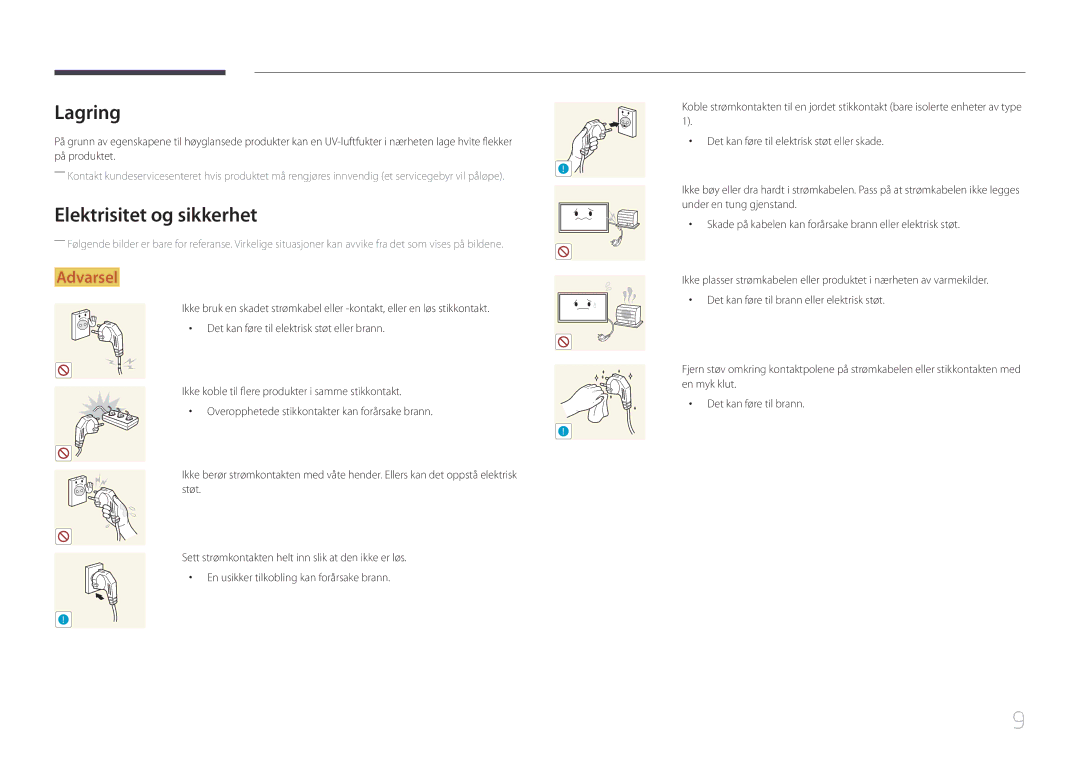 Samsung LH55RHEELGW/XE manual Lagring, Elektrisitet og sikkerhet 