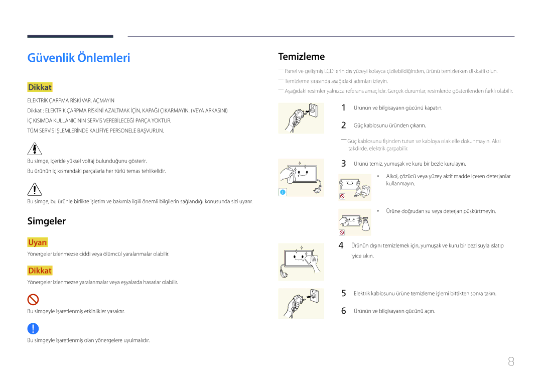 Samsung LH55RHEELGW/XE manual Güvenlik Önlemleri, Temizleme, Simgeler, Dikkat 