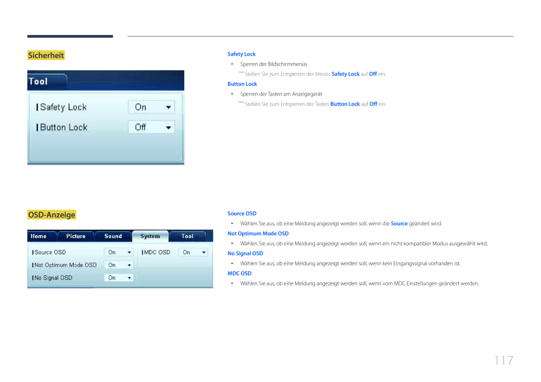 Samsung LH55UDCBLBB/EN manual 117, Sicherheit OSD-Anzeige, Sperren der Bildschirmmenüs, Sperren der Tasten am Anzeigegerät 