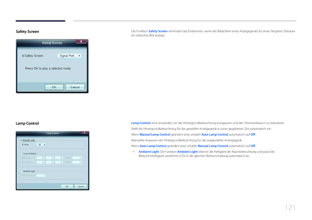 Samsung LH55UDCBLBB/EN manual 121, Safety Screen Lamp Control 