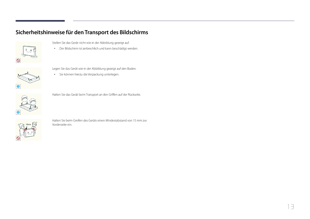 Samsung LH55UDCBLBB/EN manual Sicherheitshinweise für den Transport des Bildschirms 