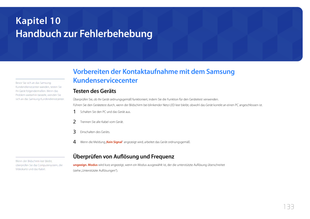 Samsung LH55UDCBLBB/EN manual 133, Testen des Geräts, Überprüfen von Auflösung und Frequenz 