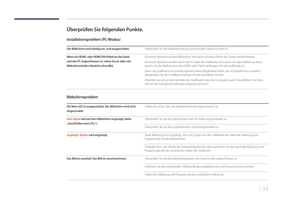 Samsung LH55UDCBLBB/EN manual 134, Überprüfen Sie folgenden Punkte, Installationsproblem PC-Modus, Bildschirmproblem 