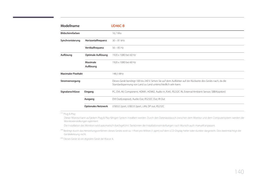 Samsung LH55UDCBLBB/EN manual 140 