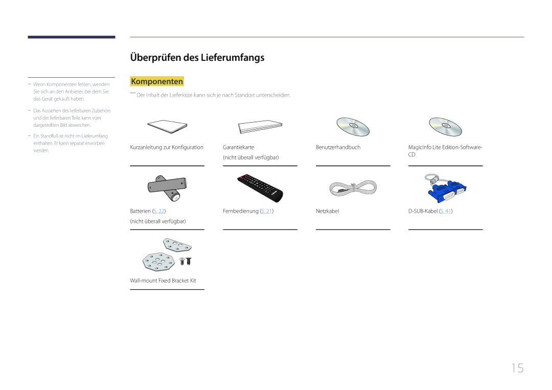 Samsung LH55UDCBLBB/EN manual Überprüfen des Lieferumfangs, Komponenten 