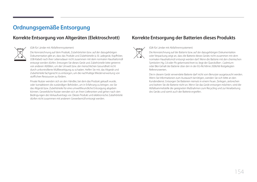 Samsung LH55UDCBLBB/EN manual Ordnungsgemäße Entsorgung, 154, Korrekte Entsorgung der Batterien dieses Produkts 