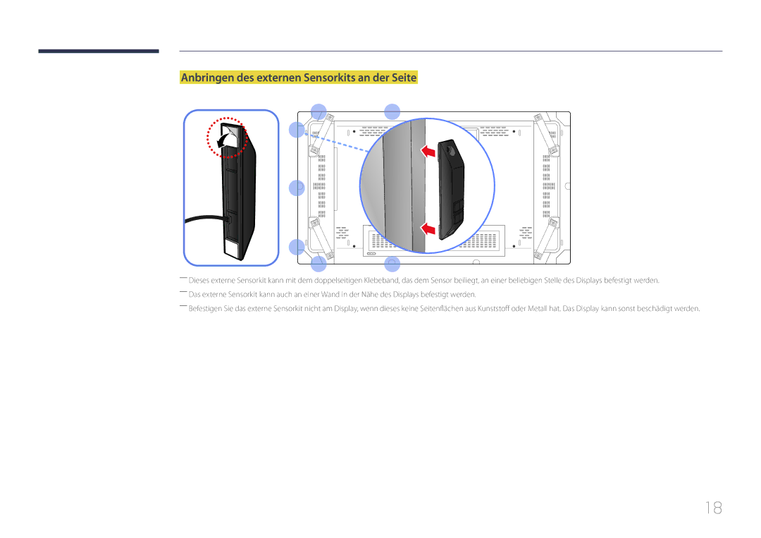 Samsung LH55UDCBLBB/EN manual Anbringen des externen Sensorkits an der Seite 