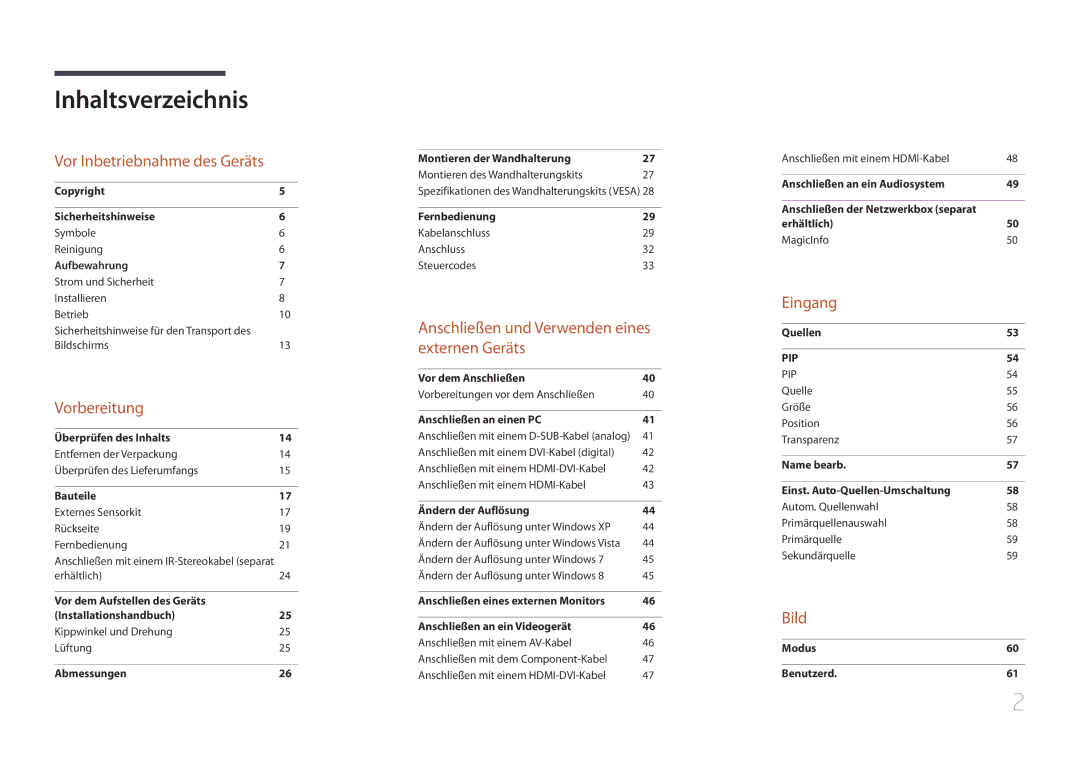 Samsung LH55UDCBLBB/EN manual Inhaltsverzeichnis 