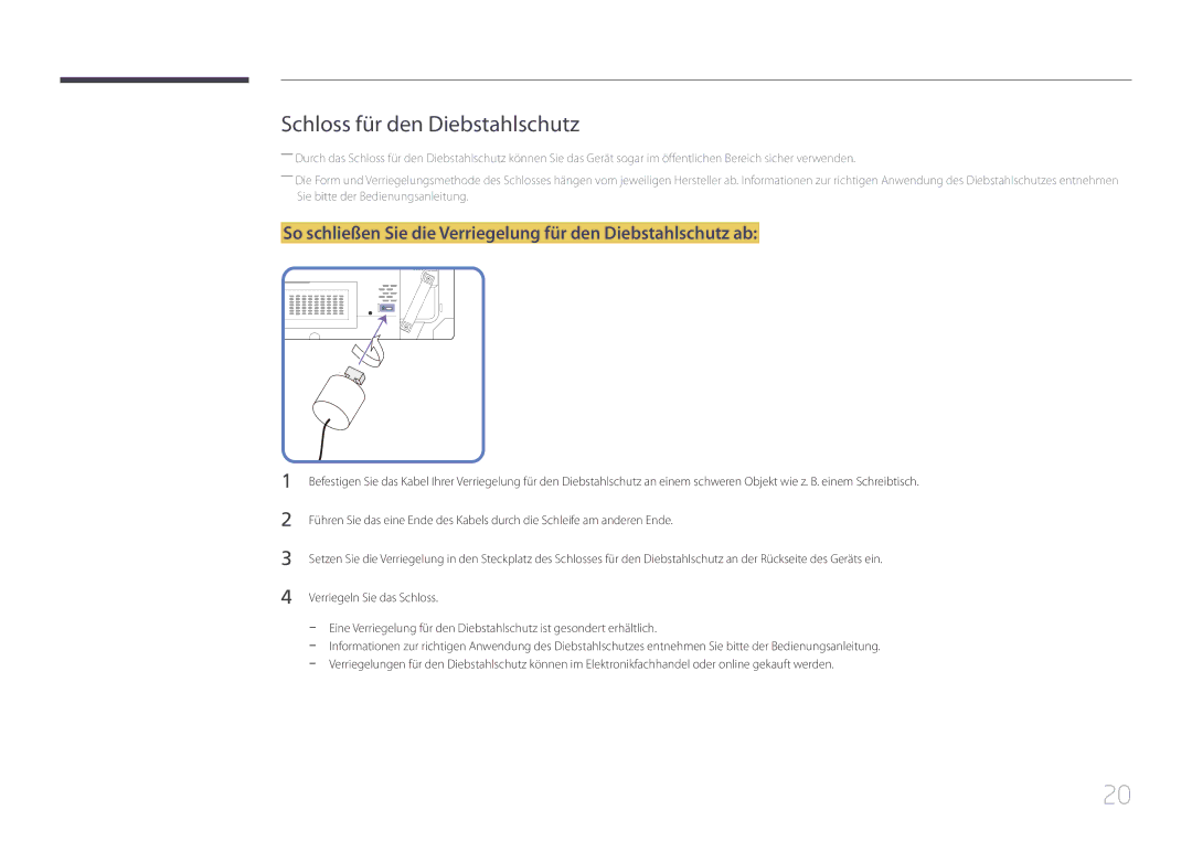 Samsung LH55UDCBLBB/EN manual Schloss für den Diebstahlschutz 