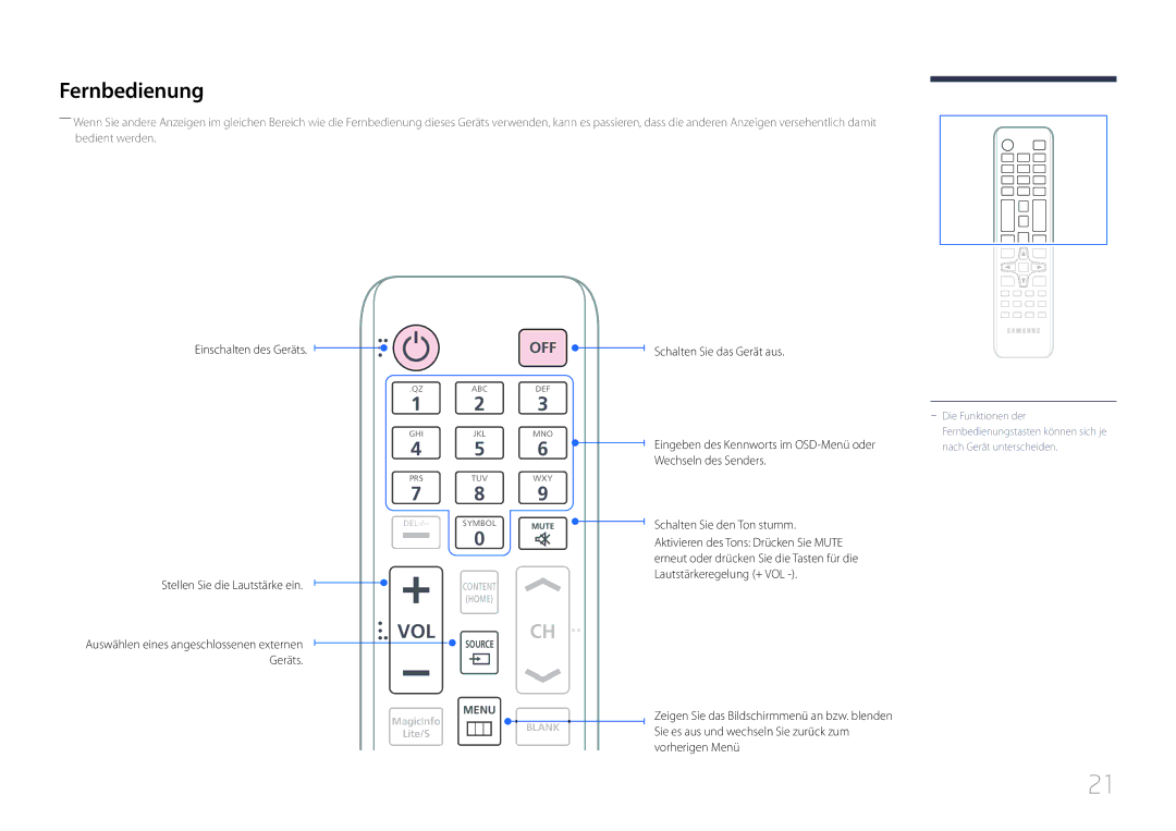 Samsung LH55UDCBLBB/EN manual Fernbedienung, Einschalten des Geräts, Schalten Sie das Gerät aus 