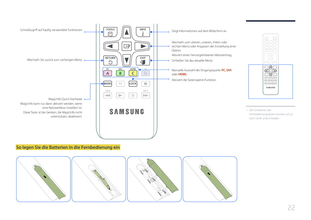 Samsung LH55UDCBLBB/EN manual So legen Sie die Batterien in die Fernbedienung ein 