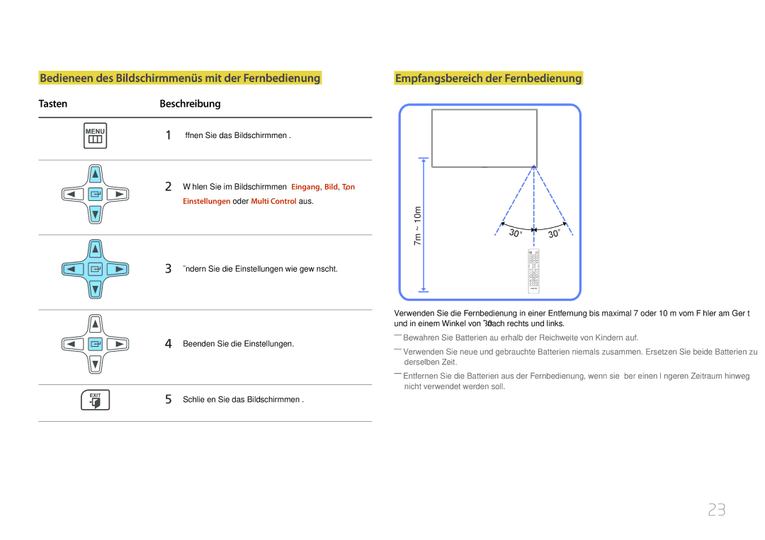 Samsung LH55UDCBLBB/EN manual Bedieneen des Bildschirmmenüs mit der Fernbedienung, Empfangsbereich der Fernbedienung 