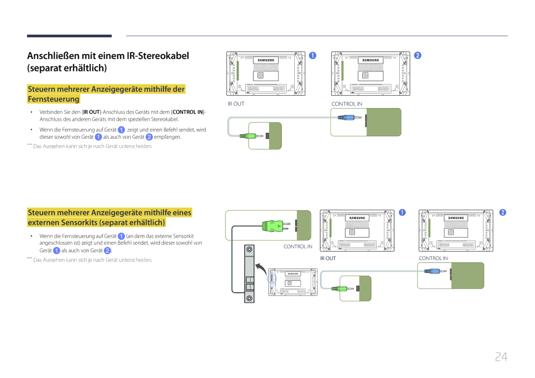 Samsung LH55UDCBLBB/EN manual Anschließen mit einem IR-Stereokabel Separat erhältlich, Gerät als auch von Gerät 