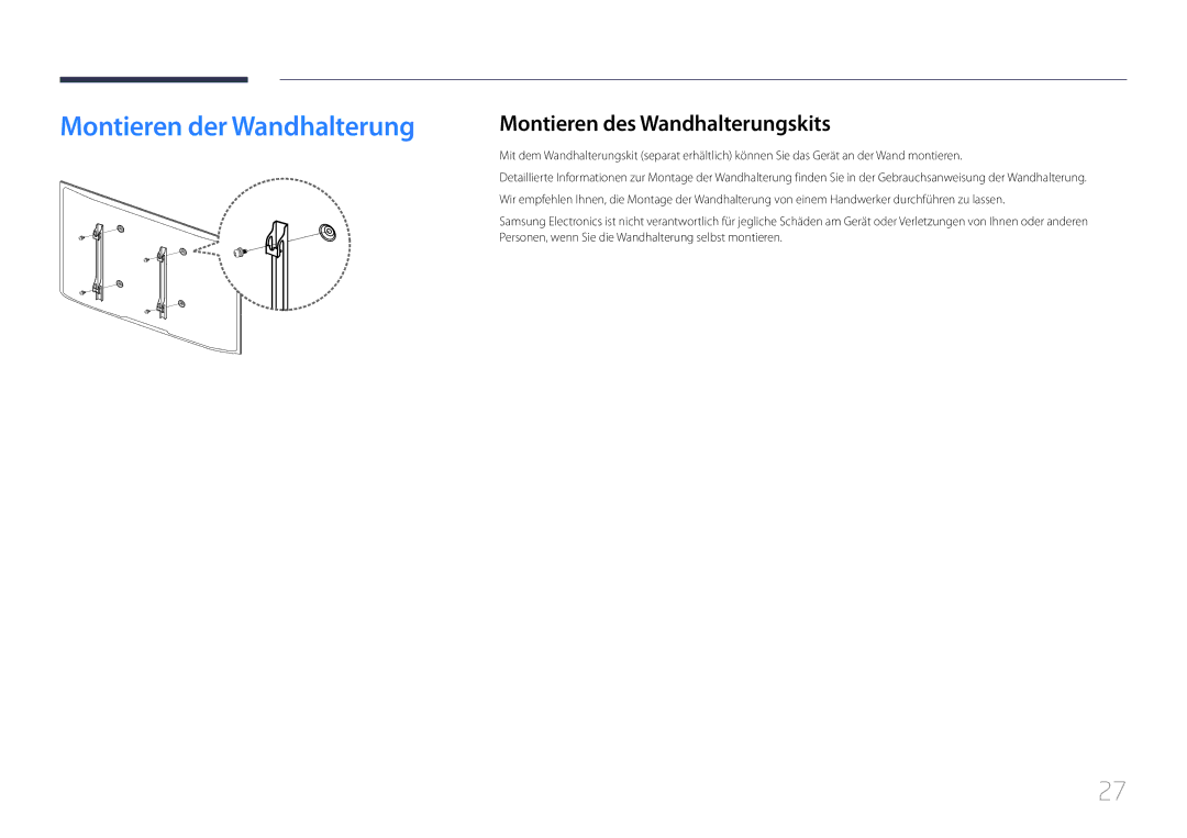 Samsung LH55UDCBLBB/EN manual Montieren der Wandhalterung, Montieren des Wandhalterungskits 