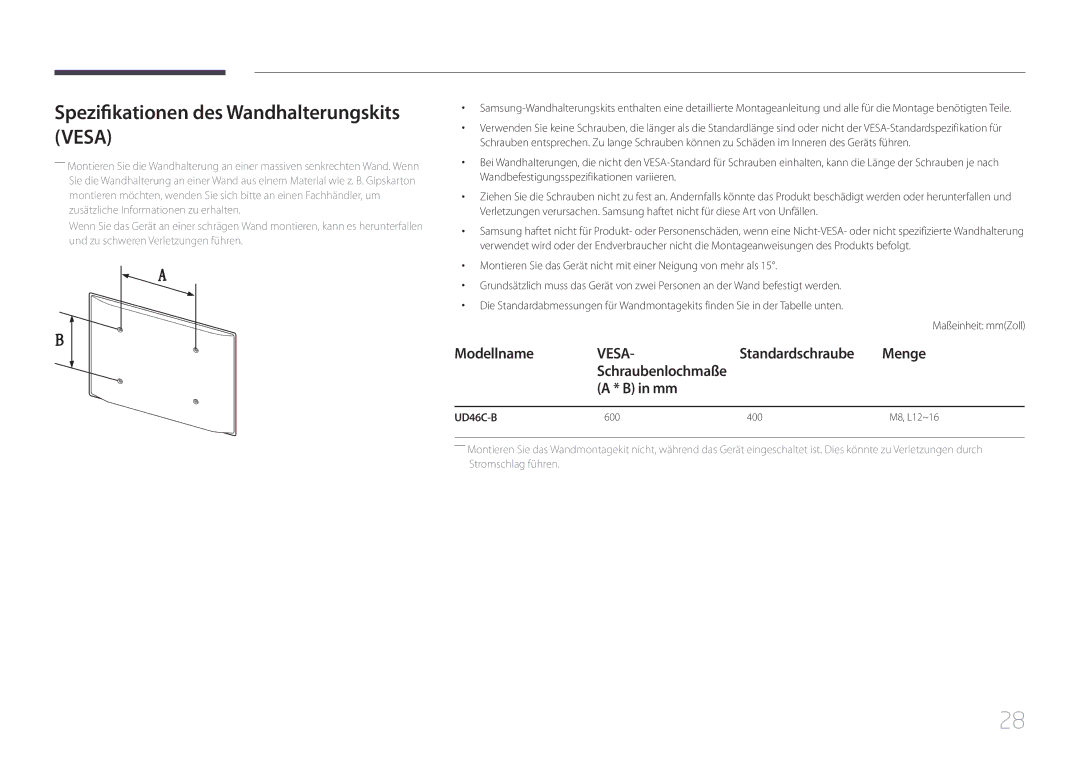 Samsung LH55UDCBLBB/EN manual Spezifikationen des Wandhalterungskits Vesa, Menge, UD46C-B 