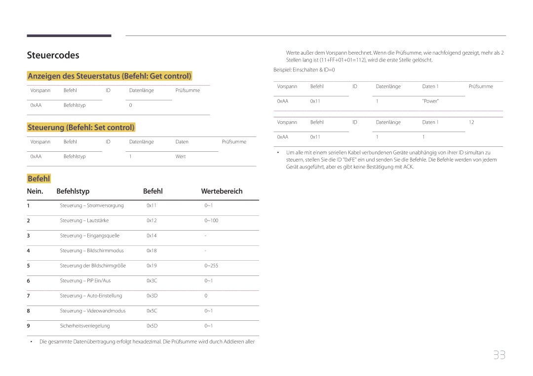 Samsung LH55UDCBLBB/EN manual Steuercodes, Anzeigen des Steuerstatus Befehl Get control, Steuerung Befehl Set control 