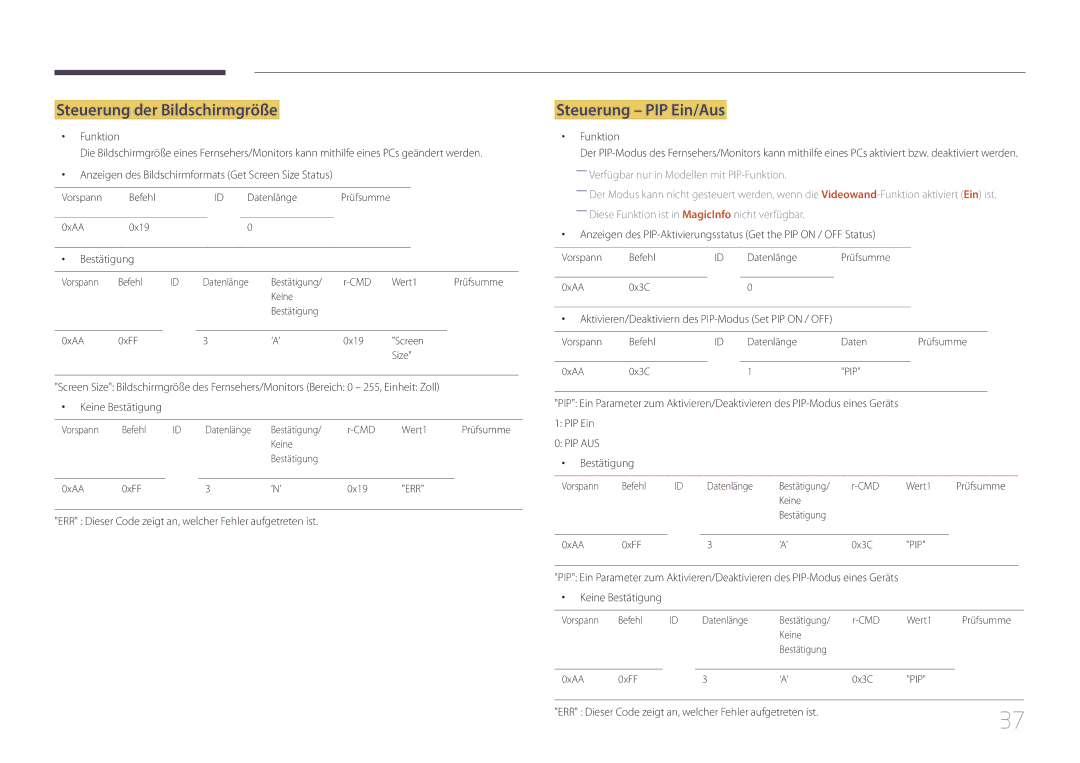 Samsung LH55UDCBLBB/EN manual Steuerung der Bildschirmgröße, Steuerung PIP Ein/Aus, Funktion 