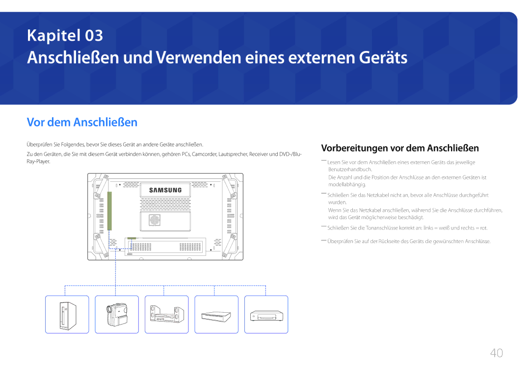 Samsung LH55UDCBLBB/EN manual Vor dem Anschließen, Vorbereitungen vor dem Anschließen 