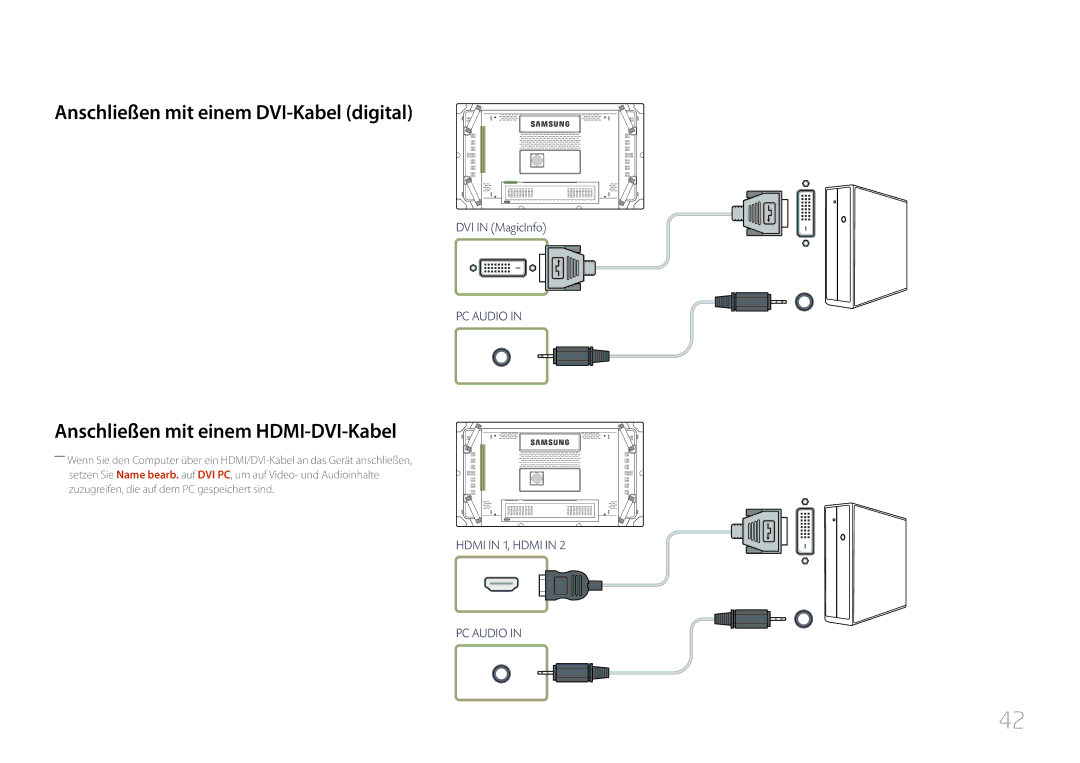 Samsung LH55UDCBLBB/EN manual Anschließen mit einem DVI-Kabel digital, Anschließen mit einem HDMI-DVI-Kabel 