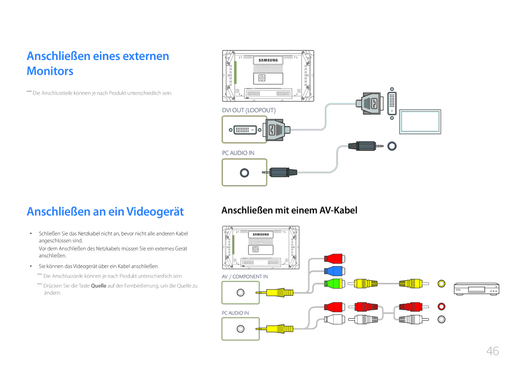 Samsung LH55UDCBLBB/EN Anschließen eines externen Monitors, Anschließen an ein Videogerät, Anschließen mit einem AV-Kabel 