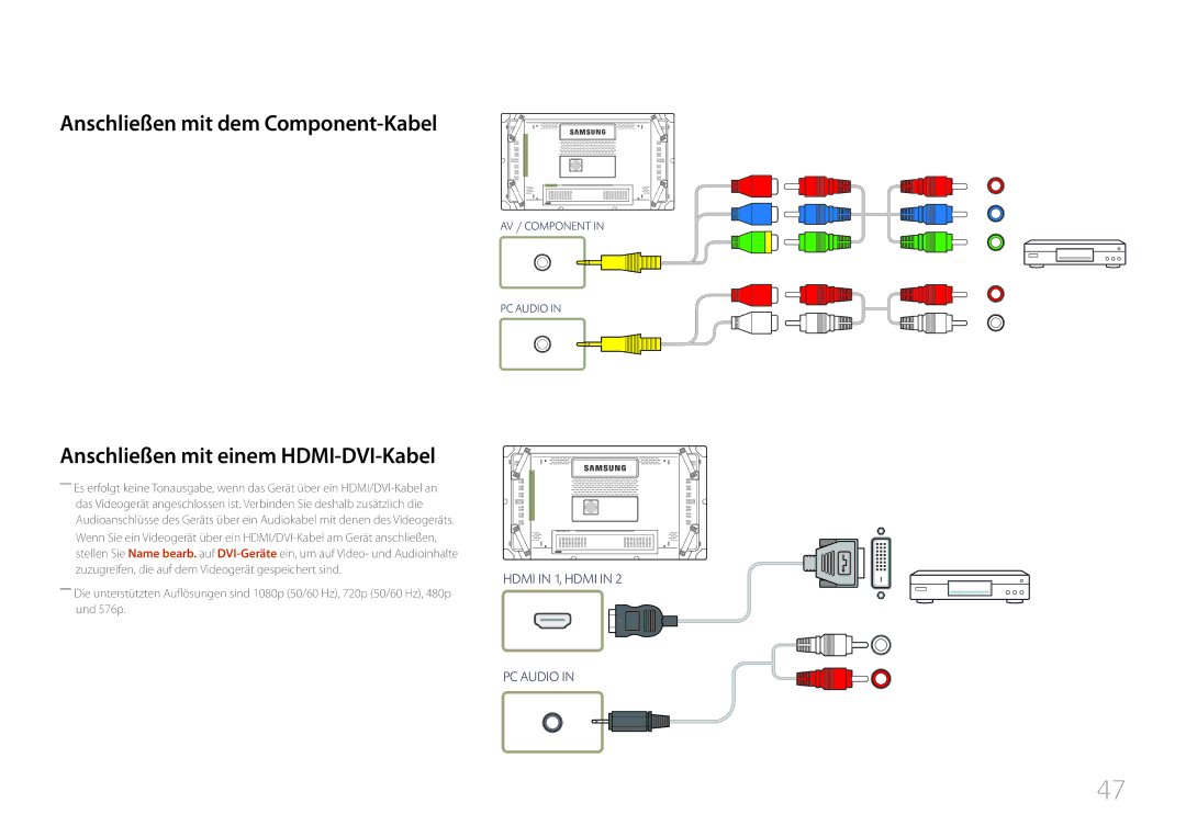 Samsung LH55UDCBLBB/EN manual Anschließen mit dem Component-Kabel, Anschließen mit einem HDMI-DVI-Kabel 