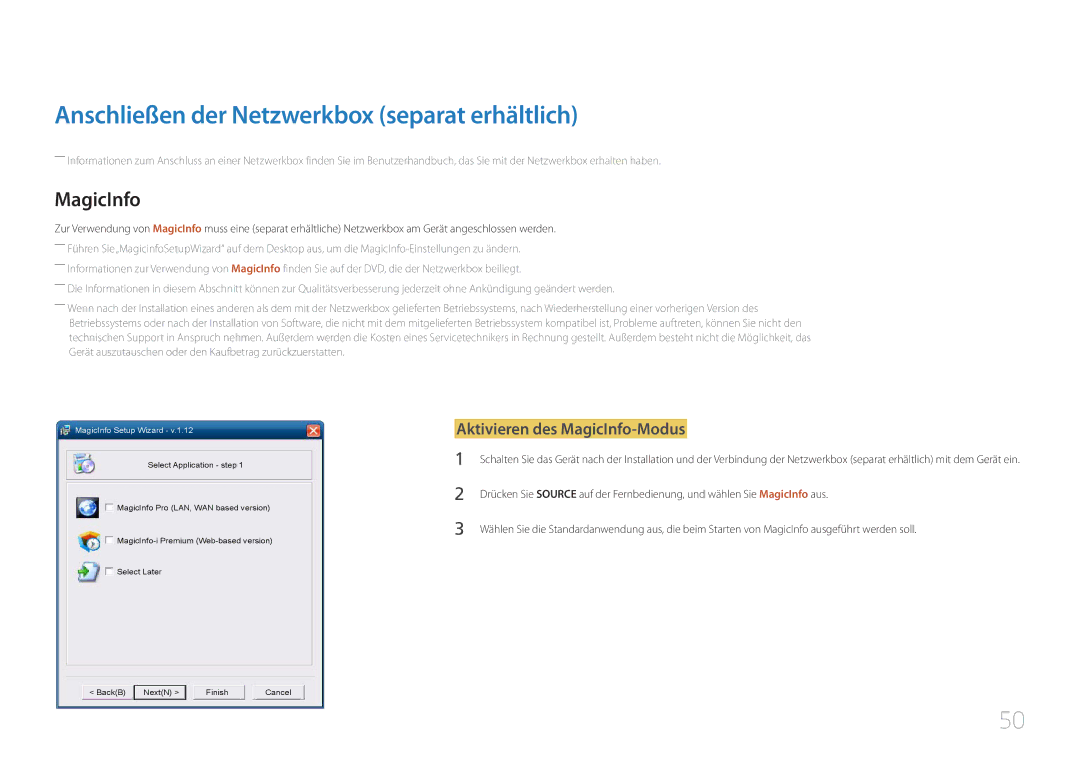 Samsung LH55UDCBLBB/EN manual Anschließen der Netzwerkbox separat erhältlich, Aktivieren des MagicInfo-Modus 