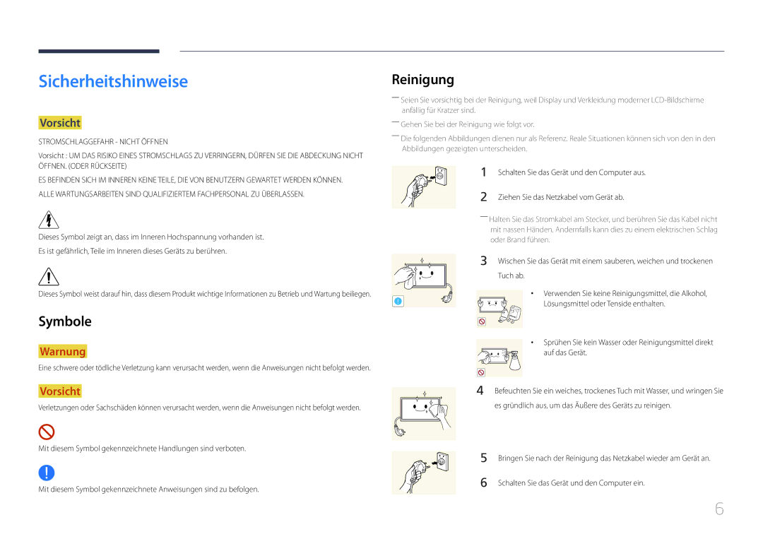 Samsung LH55UDCBLBB/EN manual Sicherheitshinweise, Reinigung, Symbole, Vorsicht 