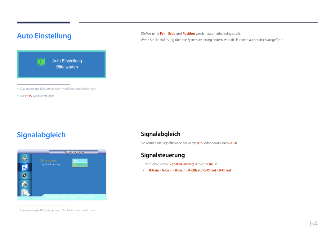 Samsung LH55UDCBLBB/EN manual Auto Einstellung, Signalabgleich, Gain /G-Gain /B-Gain /R-Offset /G-Offset /B-Offset 