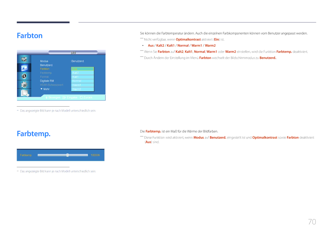 Samsung LH55UDCBLBB/EN manual Farbton, Aus / Kalt2 / Kalt1 / Normal / Warm1 / Warm2 