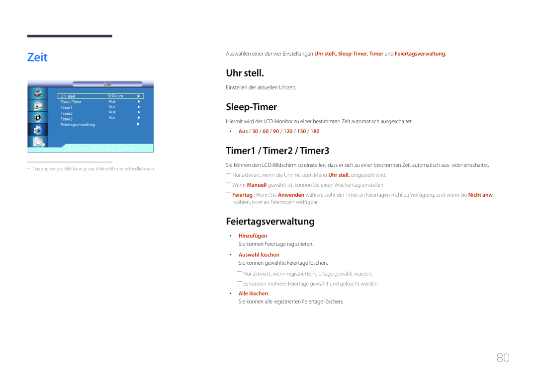 Samsung LH55UDCBLBB/EN manual Zeit, Uhr stell, Sleep-Timer, Timer1 / Timer2 / Timer3, Feiertagsverwaltung 