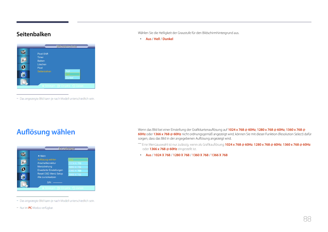 Samsung LH55UDCBLBB/EN manual Auflösung wählen, Seitenbalken, Aus / Hell / Dunkel 