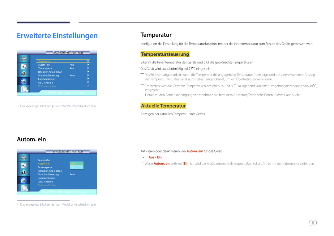 Samsung LH55UDCBLBB/EN manual Erweiterte Einstellungen, Autom. ein, Temperatursteuerung, Aktuelle Temperatur 