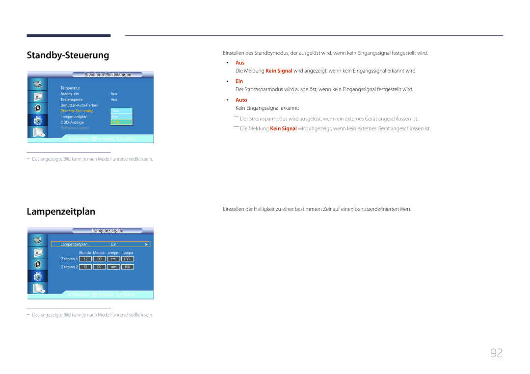 Samsung LH55UDCBLBB/EN manual Standby-Steuerung, Lampenzeitplan, Auto, Kein Eingangssignal erkannt 