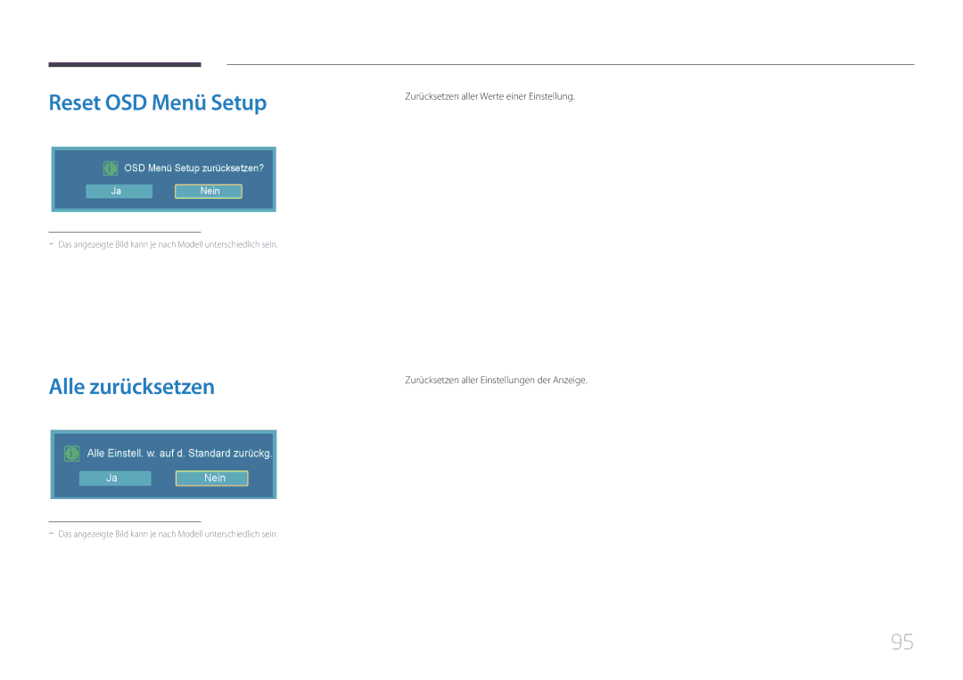 Samsung LH55UDCBLBB/EN manual Reset OSD Menü Setup, Alle zurücksetzen, Zurücksetzen aller Einstellungen der Anzeige 
