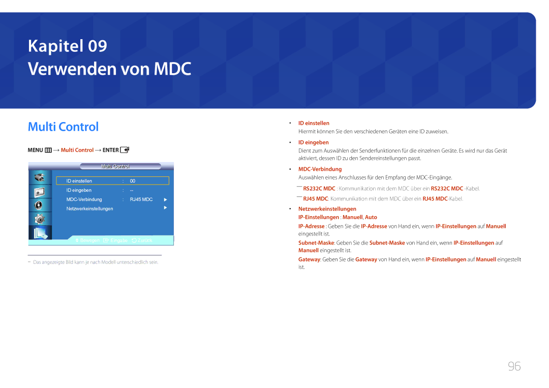 Samsung LH55UDCBLBB/EN manual Menu m Multi Control Enter, ID einstellen, ID eingeben, MDC-Verbindung 