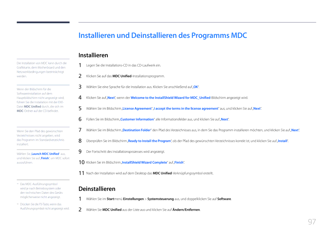 Samsung LH55UDCBLBB/EN manual Installieren und Deinstallieren des Programms MDC 